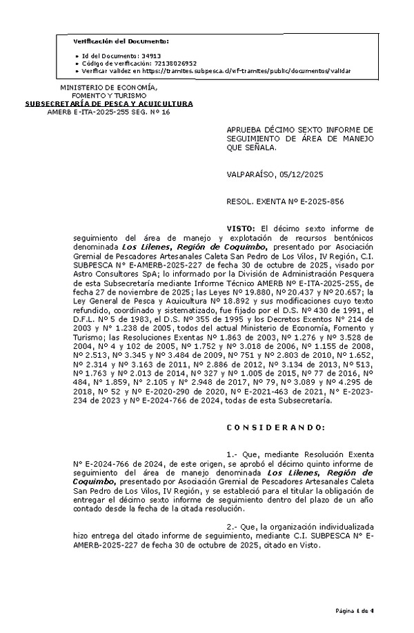 RESOL. EXENTA Nº E-2025-856 Aprueba décimo sexto informe de seguimiento. (Publicado en Página Web 10-12-2025)