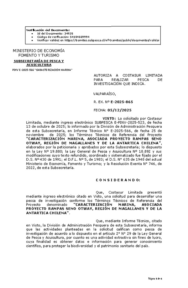 R. EX. Nº E-2025-865 AUTORIZA A COSTASUR LIMITADA PARA REALIZAR PESCA DE INVESTIGACIÓN QUE INDICA. (Publicado en Página Web 10-12-2025)