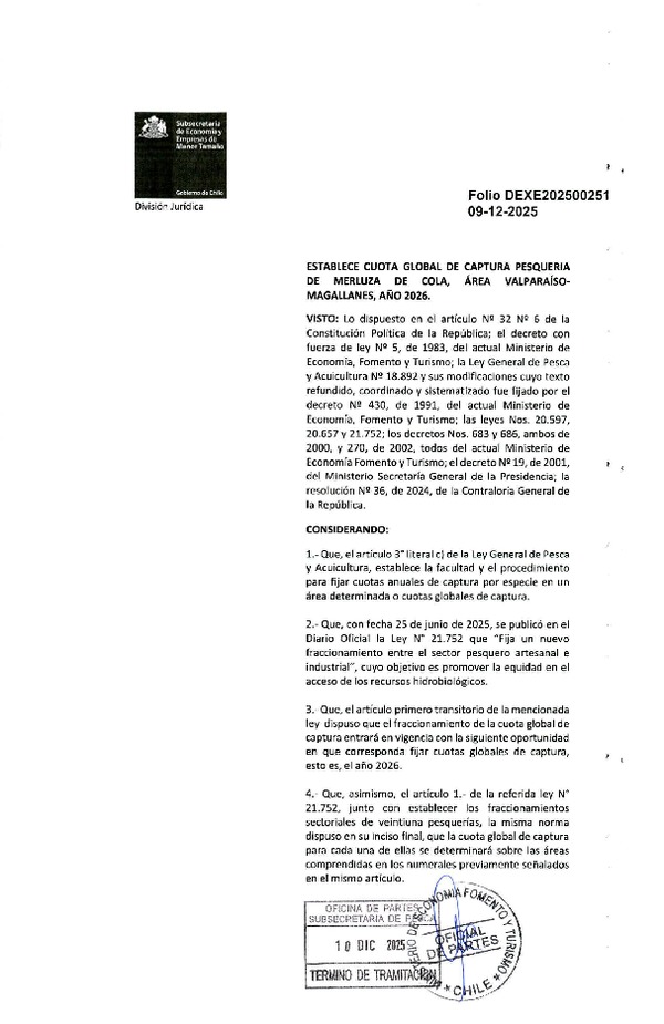 Dec. Ex. Folio 202500251 Establece Cuota Global de Captura Pesquería de Merluza de Cola, área Valparaíso-Magallanes, Año 2026. (Publicado en Página Web 11-12-2025)