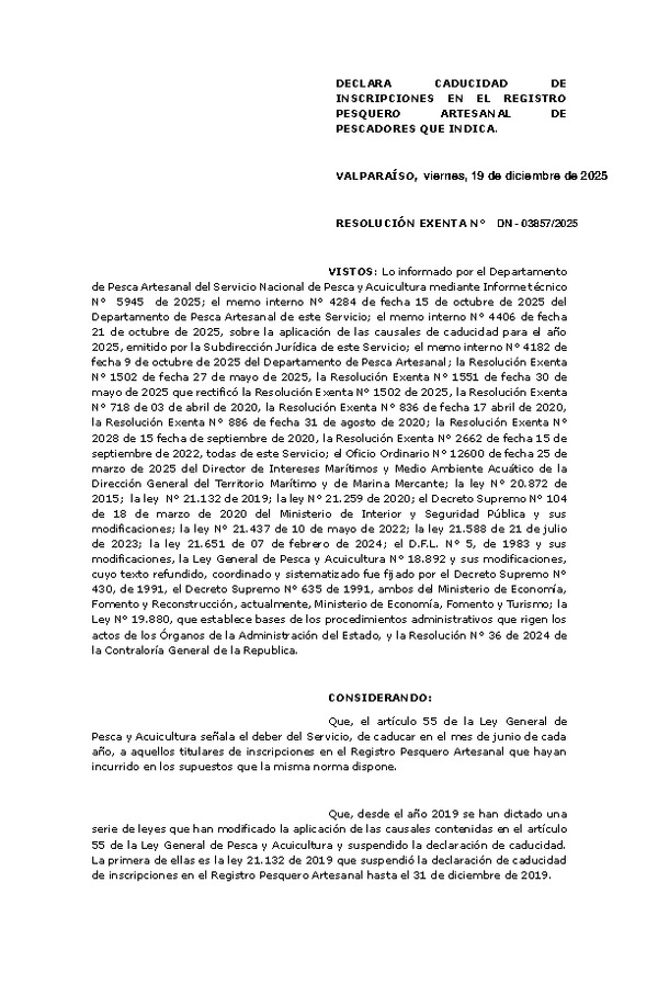Resolución Exenta N° DN-03857/2025 Declara Caducidad de Inscripción de Embarcaciones Artesanales que Indica en el registro Pesquero Artesanal de Pescadores que Indica. (Publicado en Página Web 29-12-2025)