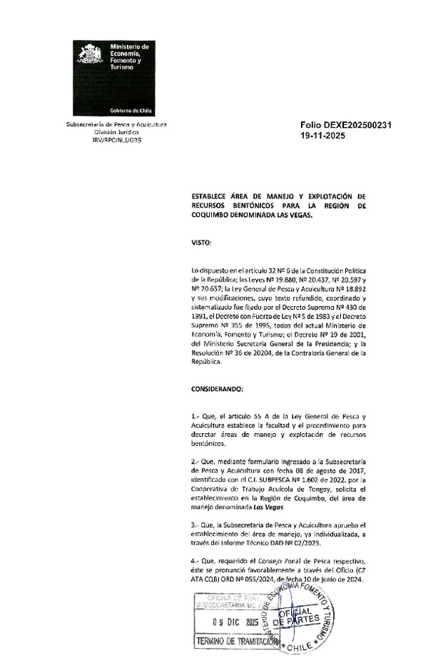 Dec. Ex. Folio 202500231 Establece Área de Manejo y Explotación de Recursos Bentónicos para la Región de Coquimbo Denominada Las Vegas. (F.D.O. 27-12-2025)