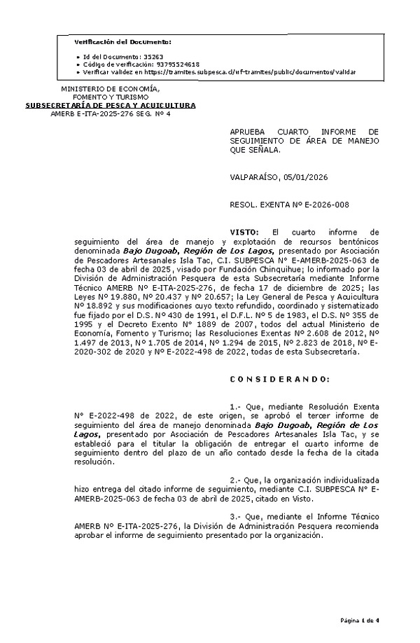RESOL. EXENTA Nº E-2026-008 Aprueba cuarto informe de seguimiento. (Publicado en Página Web 06-01-2026)