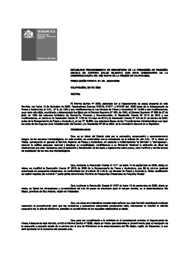 RESOLUCIÓN EXENTA N°: DN-00044/2026 Establece Procedimiento de Inscripción de la Pesquería de Pequeña Escala de Corvina (Cilus Gilberti) con Arte Chinchorro en la Desembocadura del Río Maipo de la Región de Valparaíso. (Publicado en Página Web 08-01-2026)
