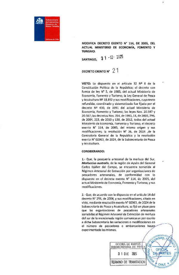 Dec. Ex. N° 21-2025 Modifica Dec. Ex. N°114-2005 Que Estableció Régimen Artesanal de Extracción para la Pesquería Artesanal de Merluza del sur, Región de Aysén. (Publicado en Página Web 09-01-2026)