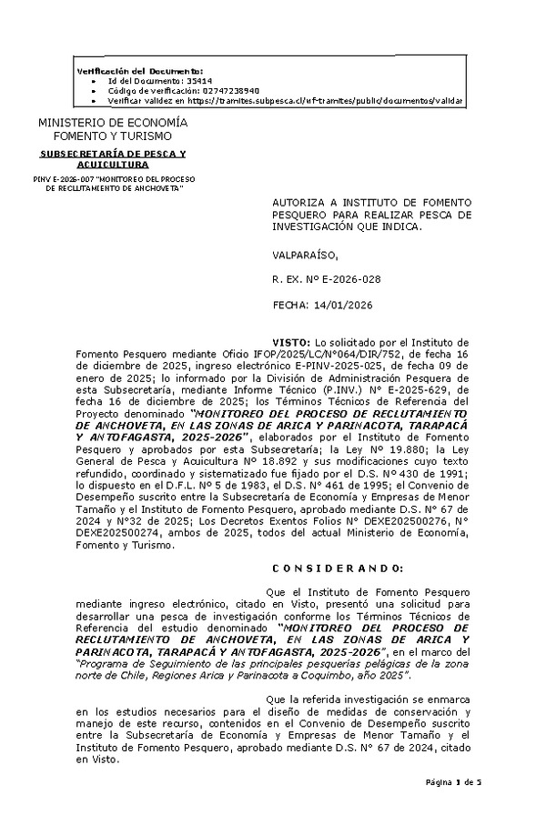 R. EX. Nº E-2026-028 AUTORIZA A INSTITUTO DE FOMENTO PESQUERO PARA REALIZAR PESCA DE INVESTIGACIÓN QUE INDICA. (Publicado en Página Web 15-01-2026)