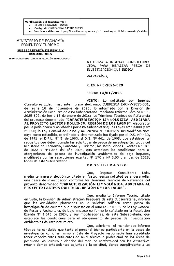 R. EX. Nº E-2026-029 AUTORIZA A INGENAT CONSULTORES LTDA, PARA REALIZAR PESCA DE INVESTIGACIÓN QUE INDICA. (Publicado en Página Web 15-01-2026)