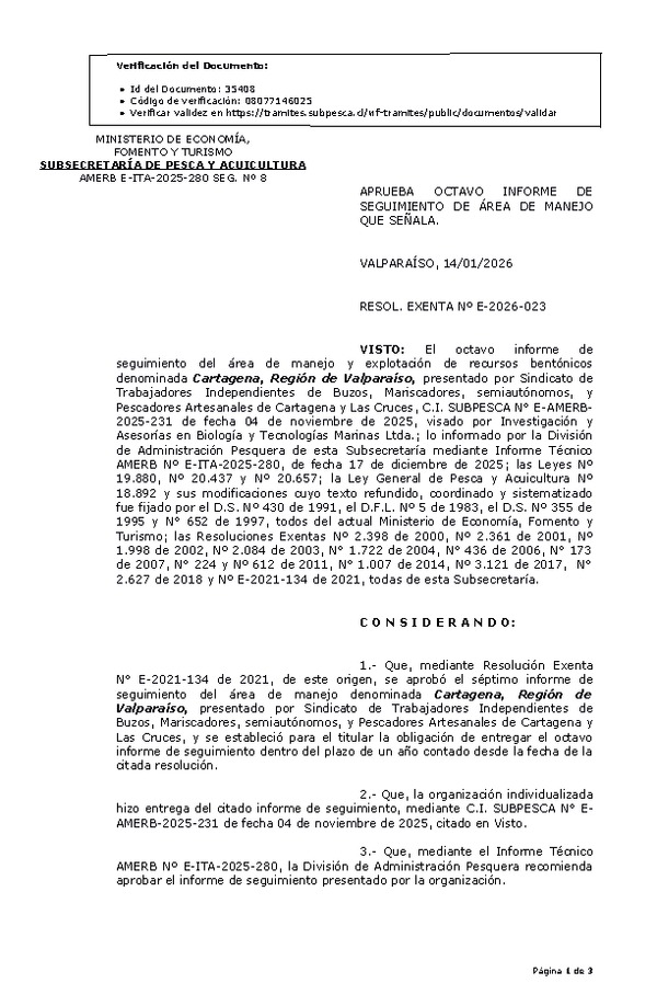 RESOL. EXENTA Nº E-2026-023 Aprueba octavo informe de seguimiento. (Publicado en Página Web 15-01-2026)