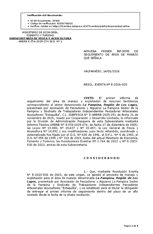 RESOL. EXENTA Nº E-2026-025 Aprueba primer informe de seguimiento. (Publicado en Página Web 15-01-2026)