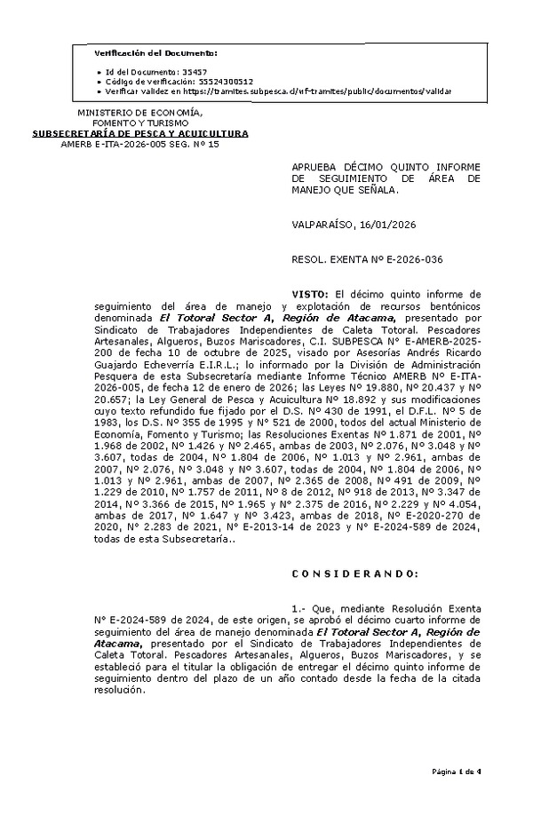 RESOL. EXENTA Nº E-2026-036 Aprueba décimo quinto informe de seguimiento. (Publicado en Página Web 19-01-2026).