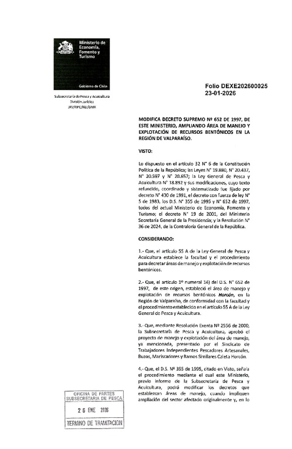 Dec. Ex. Folio 202600025 Modifica D.S. N° 652-1997 en el Sentido de Ampliar Área de Manejo y Explotación de Recursos Bentónicos en la Región de Valparaíso. (Publicado en Página Web 27-01-2026)