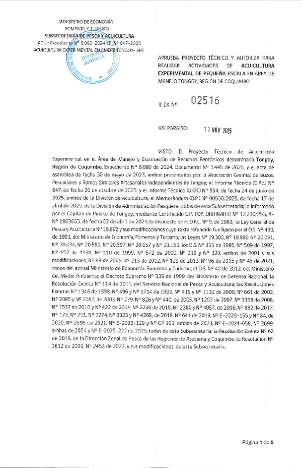 Res. Ex. N° 2516-2025 Aprueba proyecto técnico y autoriza para realizar actividades de acuicultura experimental de pequeña escala, en área de Manejo Tongoy, Región de Coquimbo. (Publicado en Página Web 28-01-2026).