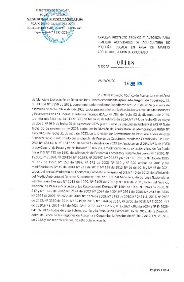 Res. Ex. N° 108-2026 Aprueba proyecto técnico y autoriza para realizar actividades de acuicultura de pequeña escala en área de manejo Apolillado, Región de Coquimbo. (Publicado en Página Web 28-01-2026).