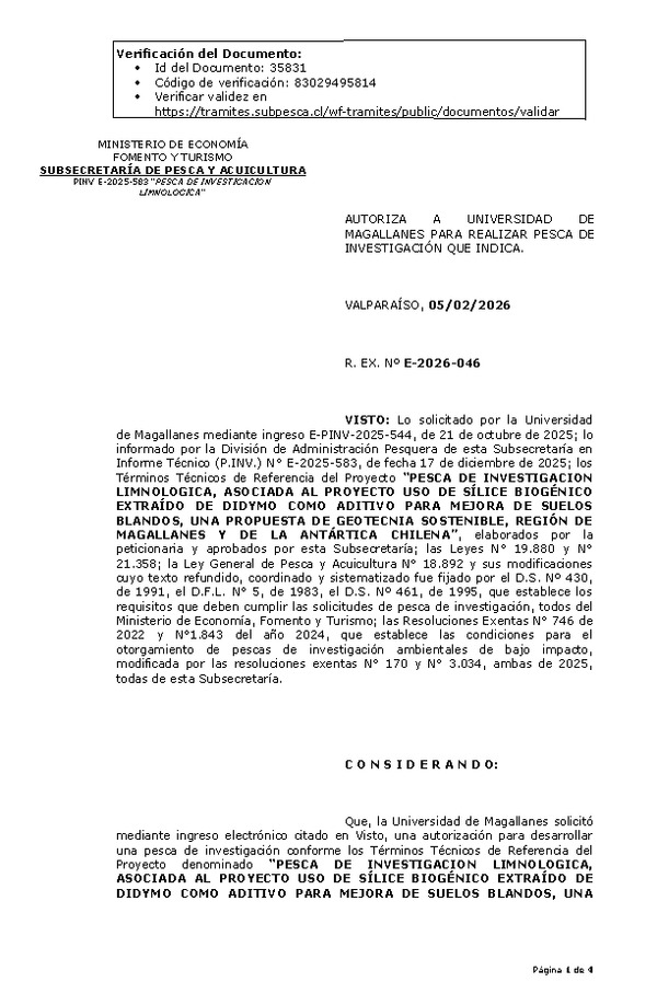 R. EX. Nº E-2026-046 AUTORIZA A UNIVERSIDAD DE MAGALLANES PARA REALIZAR PESCA DE INVESTIGACIÓN QUE INDICA. (Publicado en Página Web 05-02-2026).