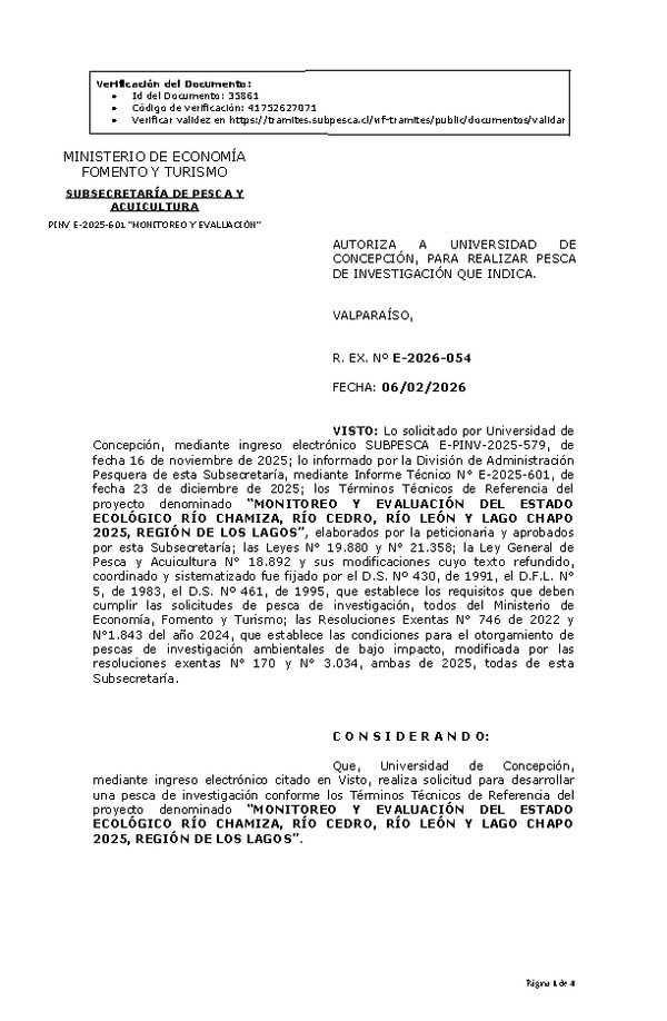 R. EX. Nº E-2026-054 AUTORIZA A UNIVERSIDAD DE CONCEPCIÓN, PARA REALIZAR PESCA DE INVESTIGACIÓN QUE INDICA. (Publicado en Página Web 06-02-2026).