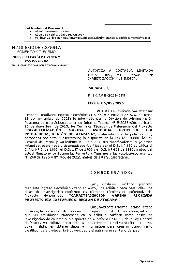 R. EX. Nº E-2026-055 AUTORIZA A COSTASUR LIMITADA PARA REALIZAR PESCA DE INVESTIGACIÓN QUE INDICA. (Publicado en Página Web 06-02-2026).