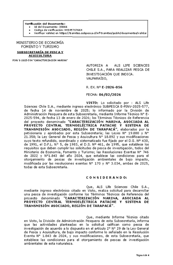 R. EX. Nº E-2026-056 AUTORIZA A ALS LIFE SCIENCES CHILE S.A., PARA REALIZAR PESCA DE INVESTIGACIÓN QUE INDICA. VALPARAÍSO, (Publicado en Página Web 06-02-2026).