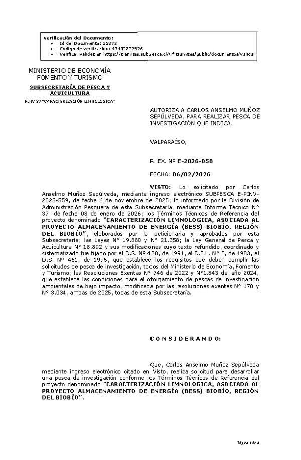 R. EX. Nº E-2026-058 AUTORIZA A CARLOS ANSELMO MUÑOZ SEPÚLVEDA, PARA REALIZAR PESCA DE INVESTIGACIÓN QUE INDICA. (Publicado en Página Web 06-02-2026).