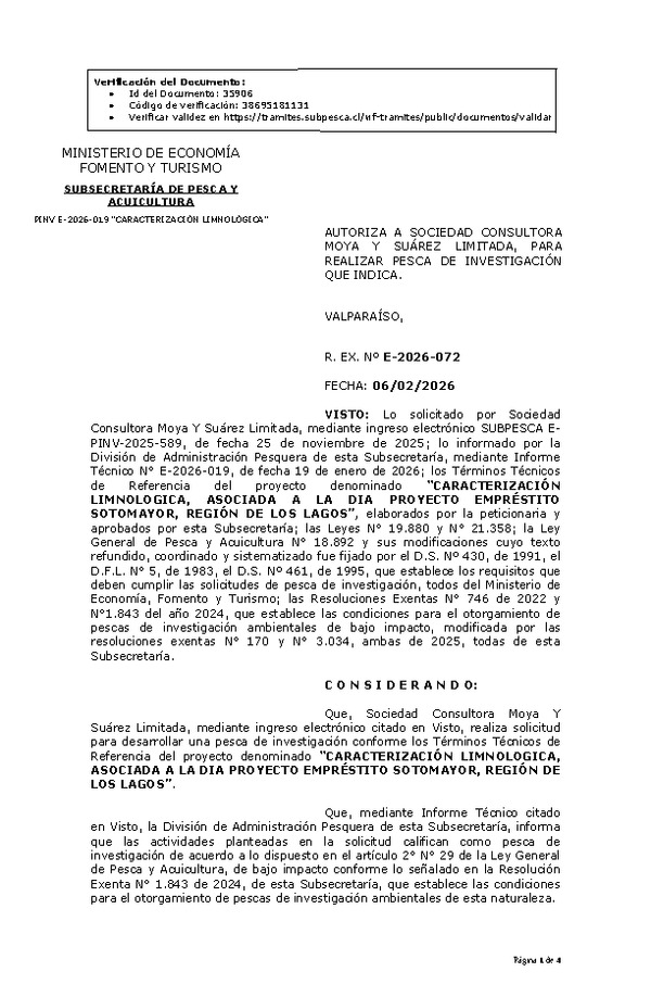 R. EX. Nº E-2026-072 AUTORIZA A SOCIEDAD CONSULTORA MOYA Y SUÁREZ LIMITADA, PARA REALIZAR PESCA DE INVESTIGACIÓN QUE INDICA. (Publicado en Página Web 06-02-2026).