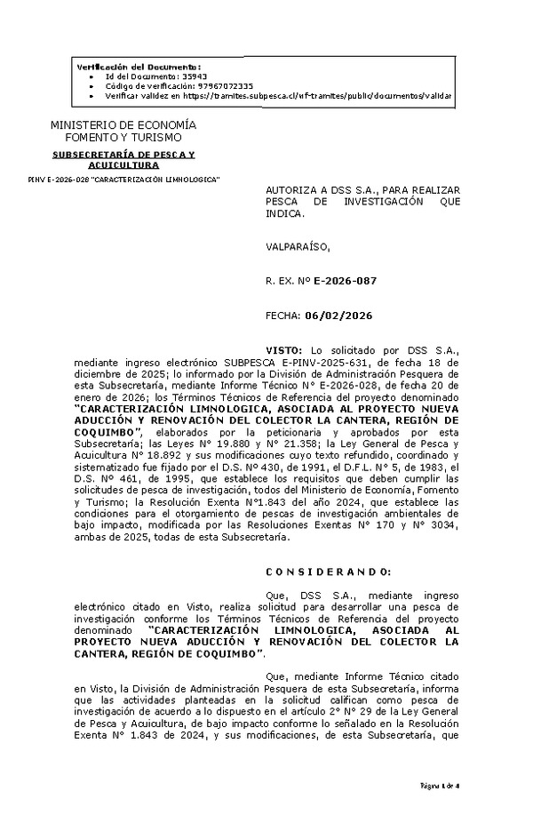 R. EX. Nº E-2026-087 AUTORIZA A DSS S.A., PARA REALIZAR PESCA DE INVESTIGACIÓN QUE INDICA. (Publicado en Página Web 10-02-2026).