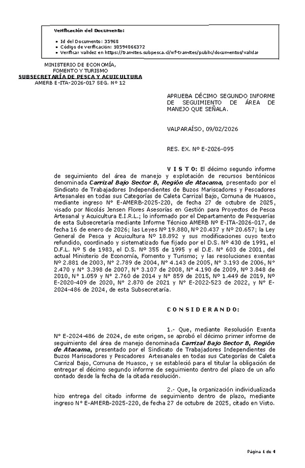 RES. EX. Nº E-2026-095 Aprueba 12º informe de seguimiento. (Publicado en Página Web 10-02-2026)