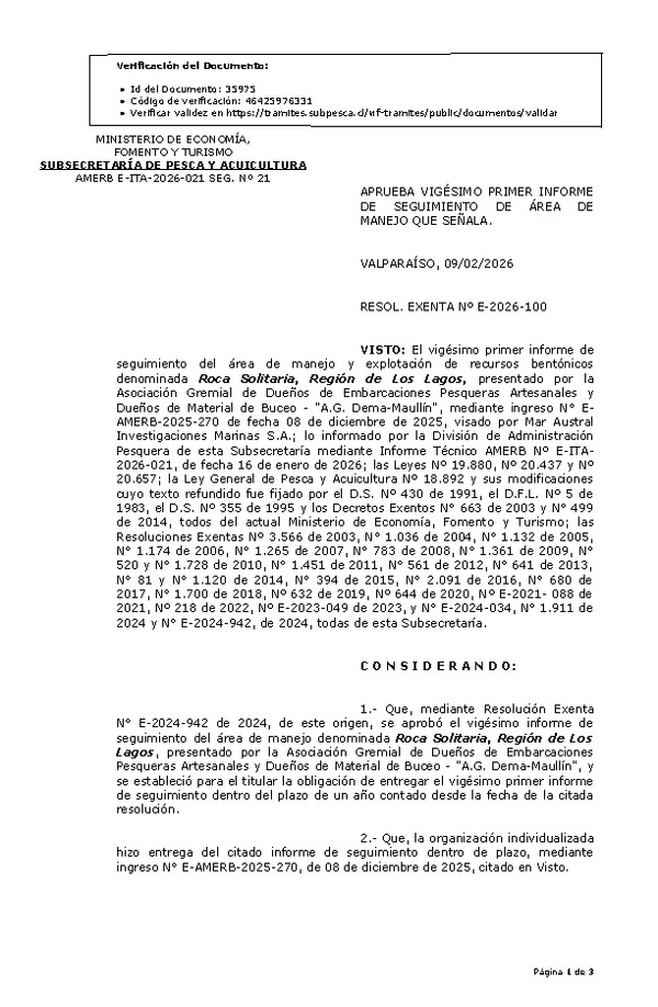 RES. EX. Nº E-2026-100 Aprueba 21º informe de seguimiento. (Publicado en Página Web 10-02-2026)