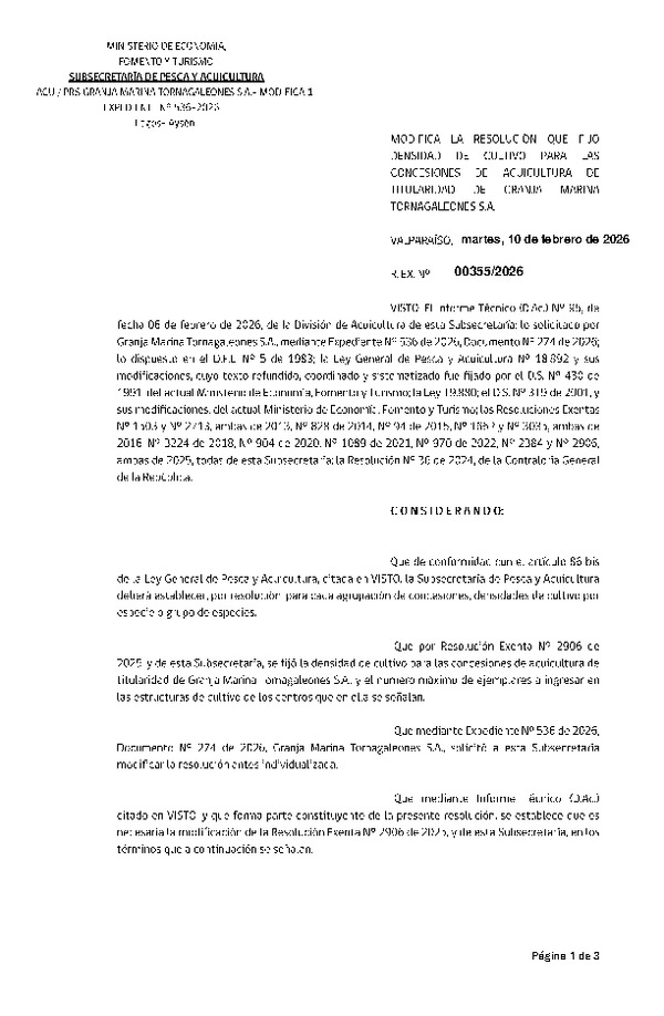 Res. Ex. N° 355-2026 Modifica Res. Ex. N° 2906-2025 Fija densidad de cultivo para las concesiones de acuicultura de titularidad de Granja Marina Tornagaleones S.A. (Con Informe Técnico) (Publicado en Página Web 11-02-2026)