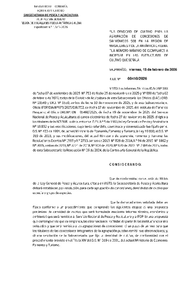 Res. Ex. N° 410-2026 Fija densidad de cultivo para la agrupación de concesiones de salmónidos 50B en la Región de Magallanes y de La Antártica Chilena.Fija número máximo de ejemplares a ingresar en las estructuras de cultivo que señala. (Con Informe Técnico) (Publicado en Página Web 16-02-2026)
