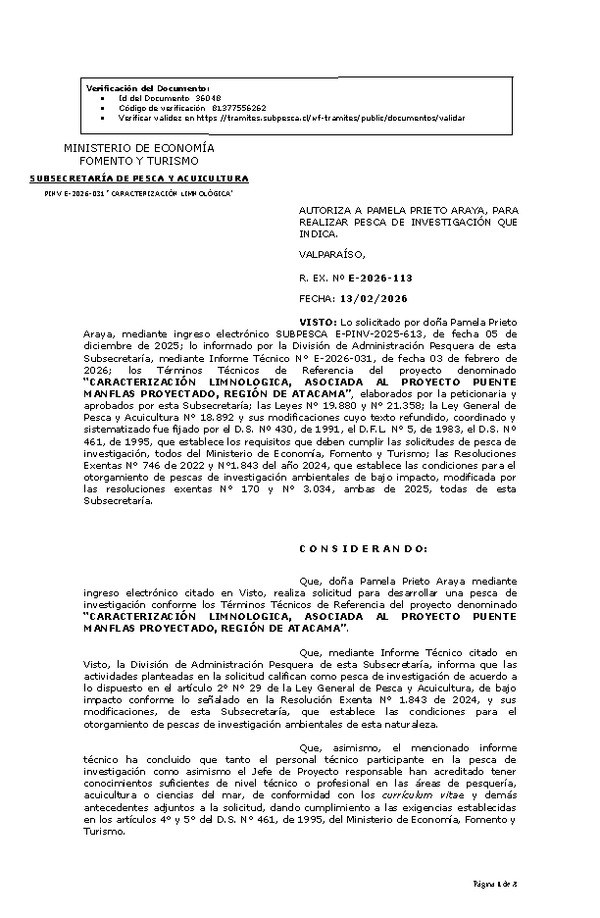 R. EX. Nº E-2026-113 AUTORIZA A PAMELA PRIETO ARAYA, PARA REALIZAR PESCA DE INVESTIGACIÓN QUE INDICA.(Publicado en Página Web 17-02-2026).
