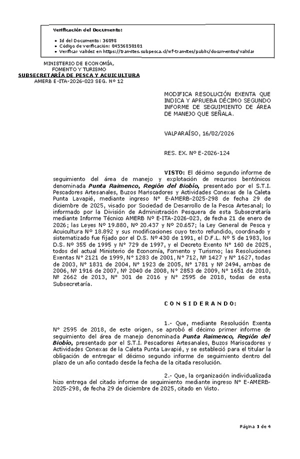 RES. EX. Nº E-2026-124 Modifica Resolución exenta que indica y Aprueba 12° Informe de Seguimiento. (Publicado en Página Web 17-02-2026)