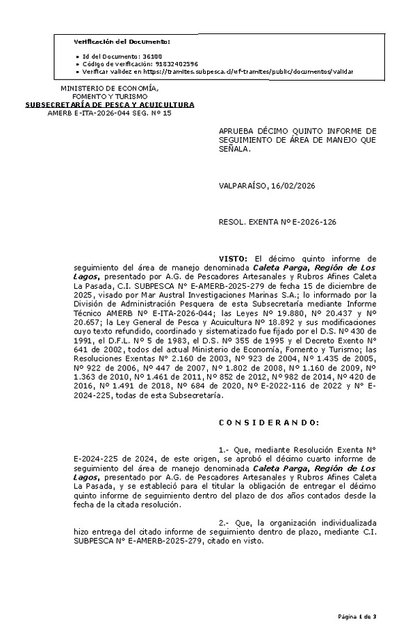 Res. Ex. Nº E-2026-126 Aprueba 15° Informe de Seguimiento. (Publicado en Página Web 17-02-2026)