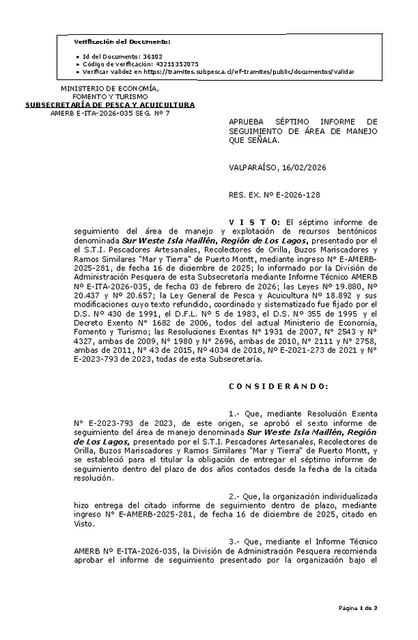 Res. Ex. Nº E-2026-128 Aprueba 7º Informe de Seguimiento. (Publicado en Página Web 17-02-2026)