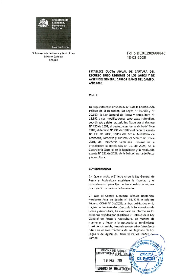 Dec. Ex. Folio 202600045 Establece Cuota Anual de Captura del Recurso Erizo, Regiones de Los Lagos y de Aysén del General Carlos Ibañez del Campo, Año 2026. (Publicado en Página Web 19-02-2026).