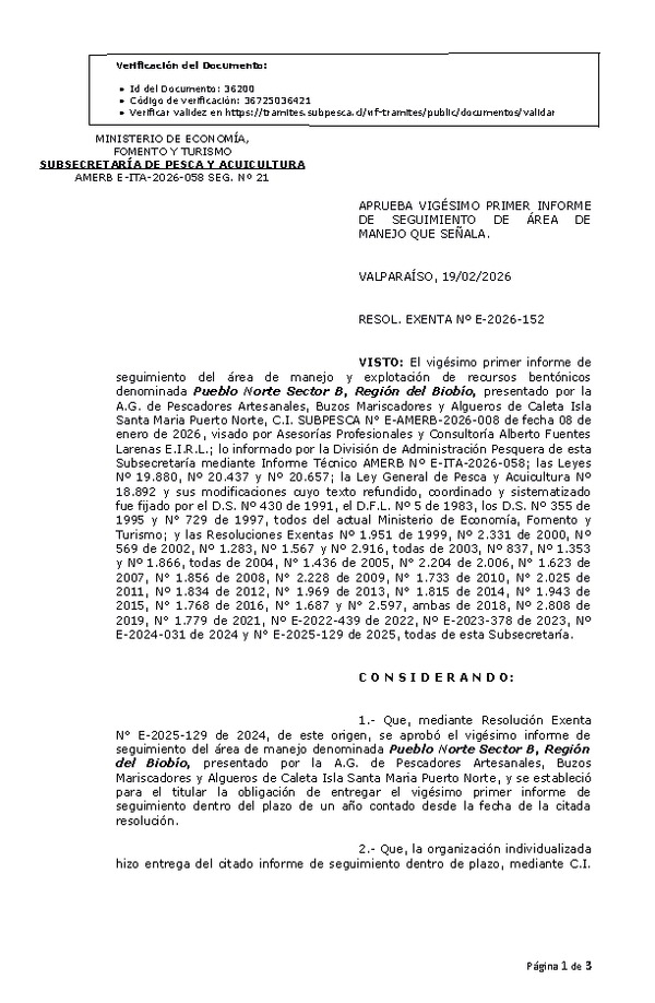 Res. Ex. Nº E-2026-152 Aprueba 21° Seguimiento. (Publicado en Página Web 20-02-2026)