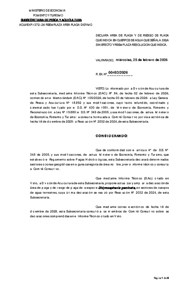 Res. Ex. N° 493-2026 Declara Área de Plaga y de Riesgo de Plaga que Indica, en Cuerpos de Agua que Señala, Deja sin Efecto y Reemplaza Resolución que Indica. (Con Informe Técnico) (Publicado en Página Web 25-02-2026)