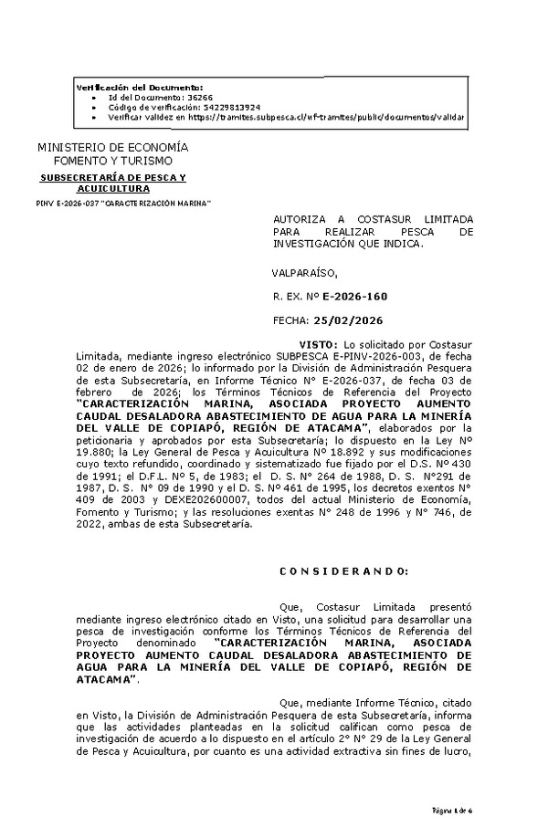 R. EX. Nº E-2026-160 AUTORIZA A COSTASUR LIMITADA PARA REALIZAR PESCA DE INVESTIGACIÓN QUE INDICA. (Publicado en Página Web 26-02-2026).