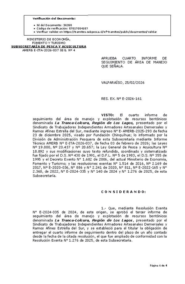 Res. Ex. Nº E-2026-161 Aprueba 4º Seguimiento. (Publicado en Página Web 26-02-2026).
