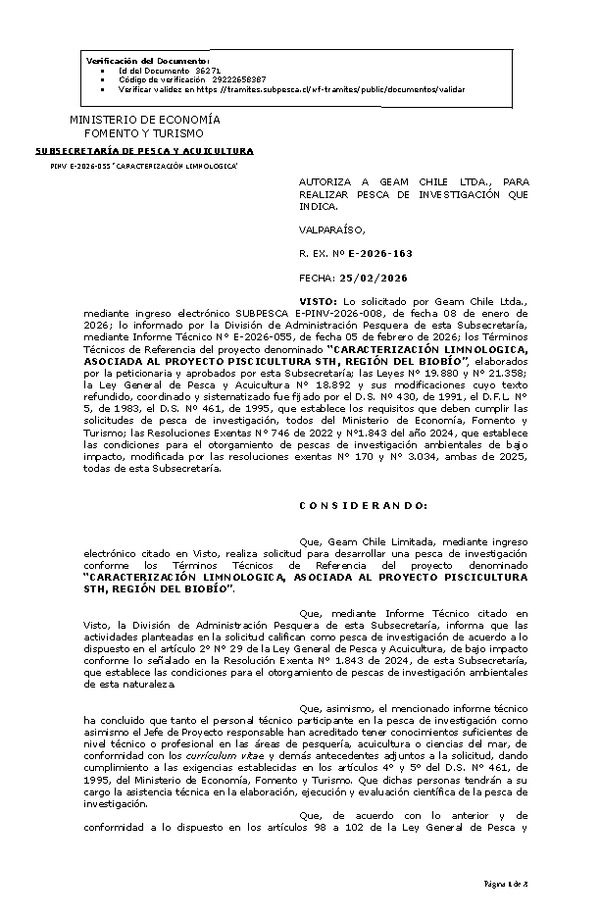 R. EX. Nº E-2026-163 AUTORIZA A GEAM CHILE LTDA., PARA REALIZAR PESCA DE INVESTIGACIÓN QUE INDICA.(Publicado en Página Web 26-02-2026)