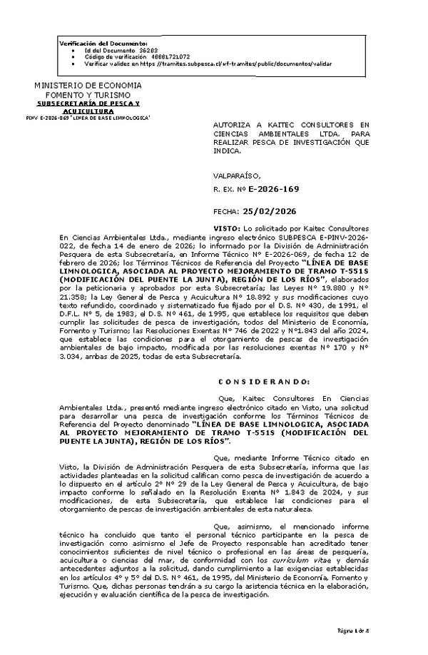 R. EX. Nº E-2026-169 AUTORIZA A KAITEC CONSULTORES EN CIENCIAS AMBIENTALES LTDA., PARA REALIZAR PESCA DE INVESTIGACIÓN QUE INDICA.(Publicado en Página Web 26-02-2026)