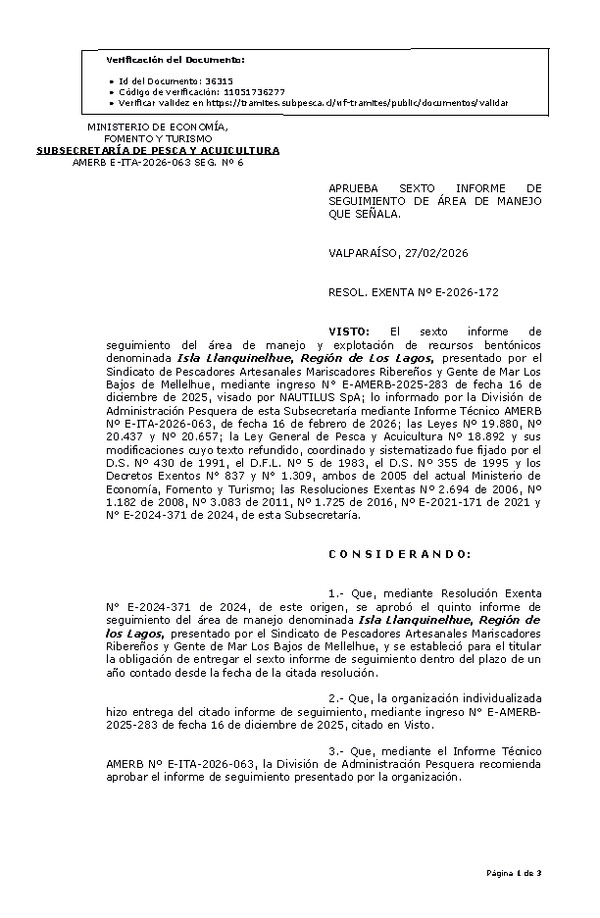 RES. EX. Nº E-2026-172 Aprueba Sexto Informe de Seguimiento (Publicado en Página Web 27-02-2026)