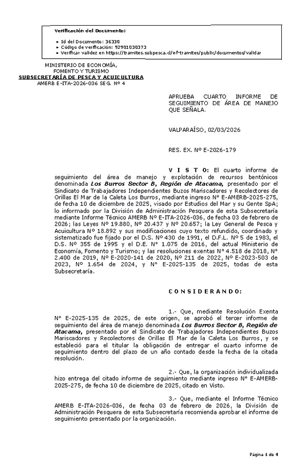 RES. EX. Nº E-2026-179 Aprueba cuarto informe de seguimiento. (Publicado en Página Web 02-03-2026)