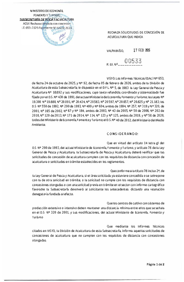 Res. Ex. N°533-2026 Rechaza solicitudes de concesión de acuicultura que indica. (Publicado en Página Web 02-03-2026