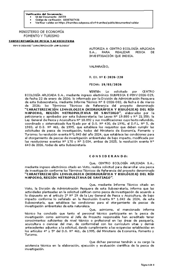 R. EX. Nº E-2026-220 AUTORIZA A CENTRO ECOLOGÍA APLICADA S.A., PARA REALIZAR PESCA DE INVESTIGACIÓN QUE INDICA. (Publicado en Página Web 19-03-2026)