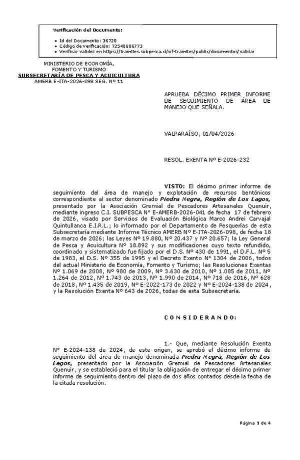 RESOL. EXENTA Nº E-2026-232 Aprueba décimo primer informe de seguimiento. (Publicado en Página Web 02-04-2026)