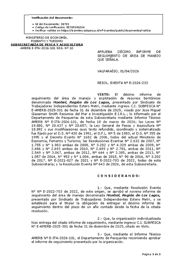 RESOL. EXENTA Nº E-2026-233 Aprueba décimo informe de seguimiento. (Publicado en Página Web 02-04-2026)