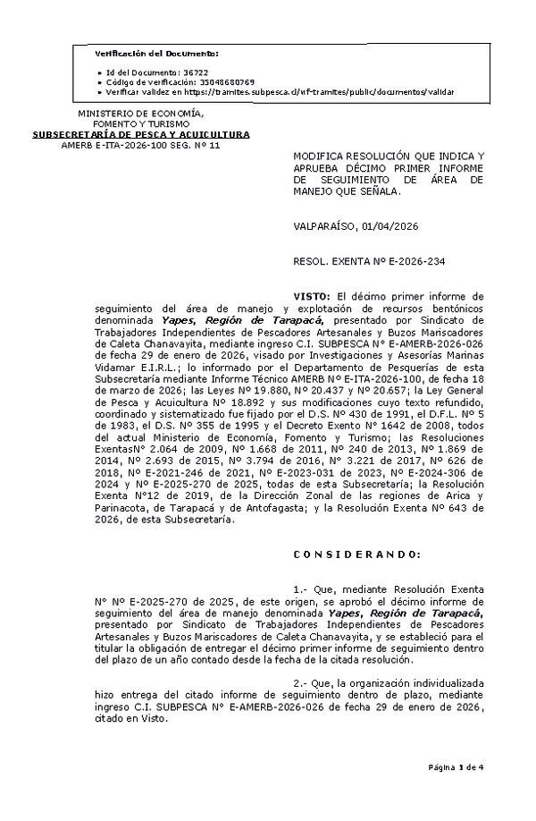 RESOL. EXENTA Nº E-2026-234 Modifica Resolución que Indica. Aprueba décimo primer informe de seguimiento. (Publicado en Página Web 02-04-2026)