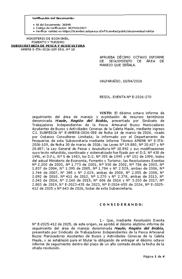 RESOL. EXENTA Nº E-2026-270 Aprueba décimo octavo informe de seguimiento. (Publicado en Página Web 13-04-2026)