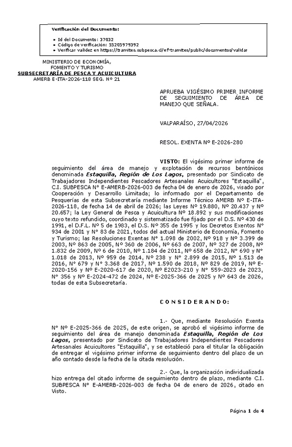 RESOL. EXENTA Nº E-2026-280 Aprueba vigésimo primer informe de seguimiento. (Publicado en Página Web 27-04-2026)