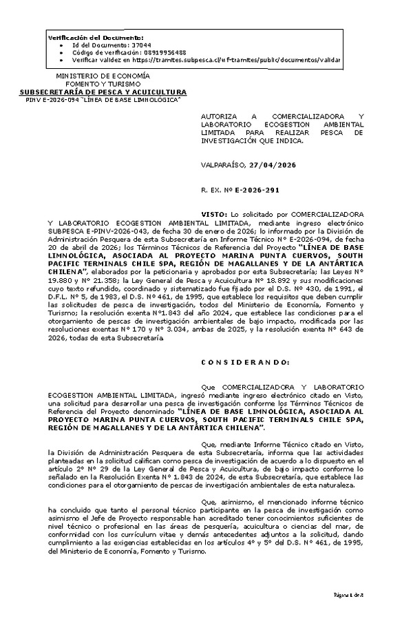 R. EX. Nº E-2026-291 AUTORIZA LABORATORIO A COMERCIALIZADORA Y ECOGESTION AMBIENTAL LIMITADA PARA REALIZAR PESCA DE INVESTIGACIÓN QUE INDICA. (Publicado en Página Web 27-04-2026)
