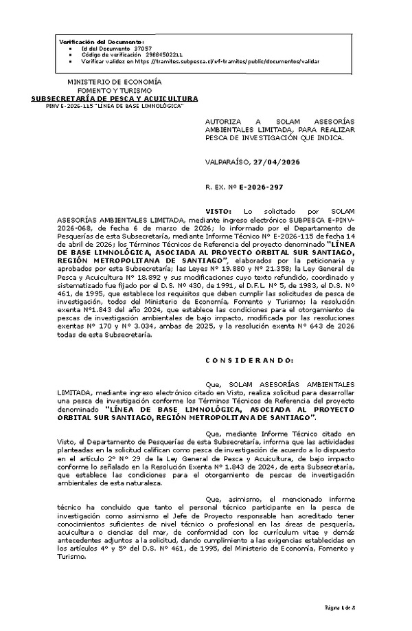 R. EX. Nº E-2026-297 AUTORIZA A SOLAM ASESORÍAS AMBIENTALES LIMITADA, PARA REALIZAR PESCA DE INVESTIGACIÓN QUE INDICA. (Publicado en Página Web 28-04-2026)
