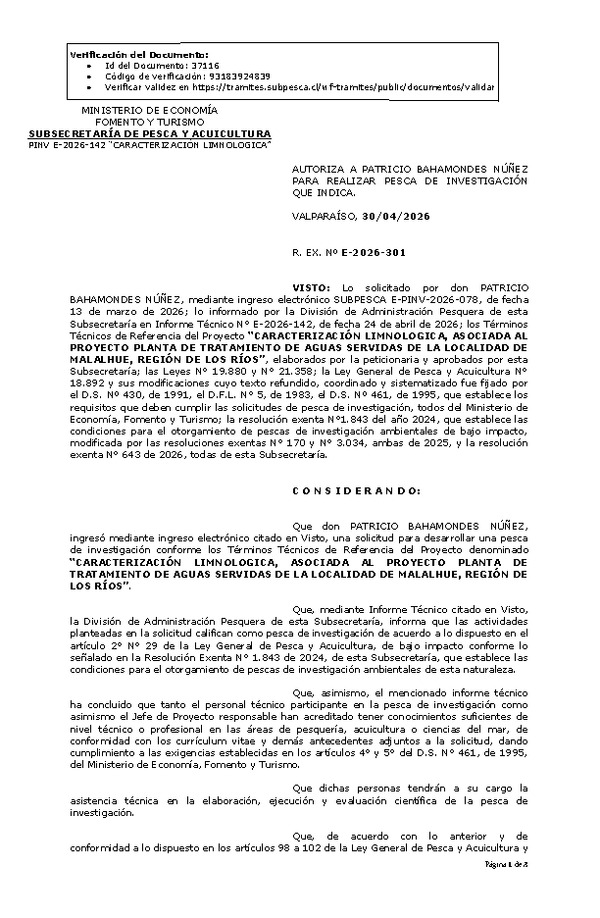 R. EX. Nº E-2026-301 AUTORIZA A PATRICIO BAHAMONDES NÚÑEZ PARA REALIZAR PESCA DE INVESTIGACIÓN QUE INDICA. (Publicado en Página Web 04-05-2026)